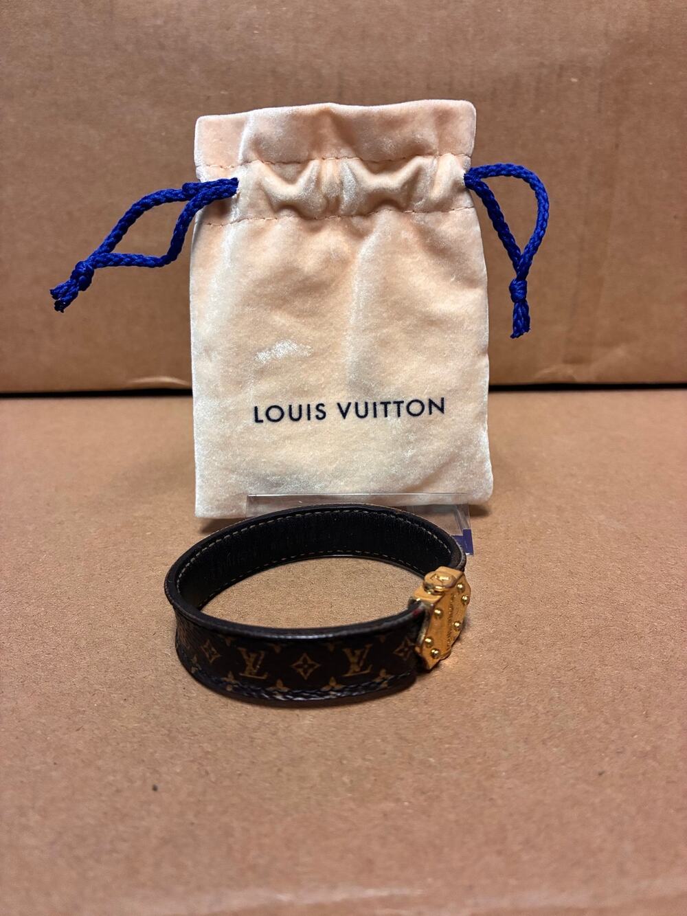 Louis Vuitton Monogram Leather Bracelet – Gold-Tone Clasp + Dust Bag